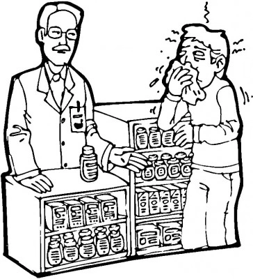 Coloring book pharmacist giving medications